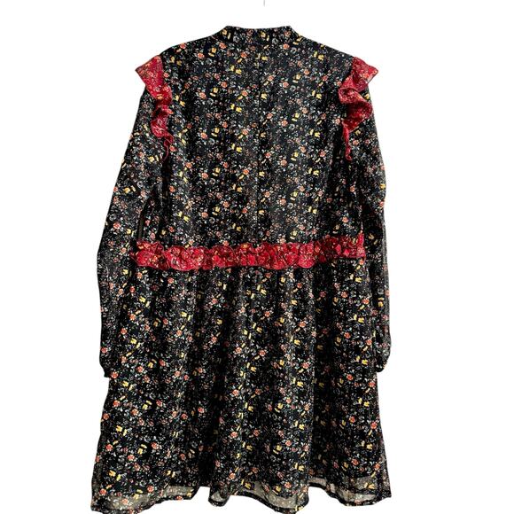 Forever 21 Tunic 0X Black Mini Floral Ditzy Print Ruffled Shoulder Boho - Picture 6 of 8